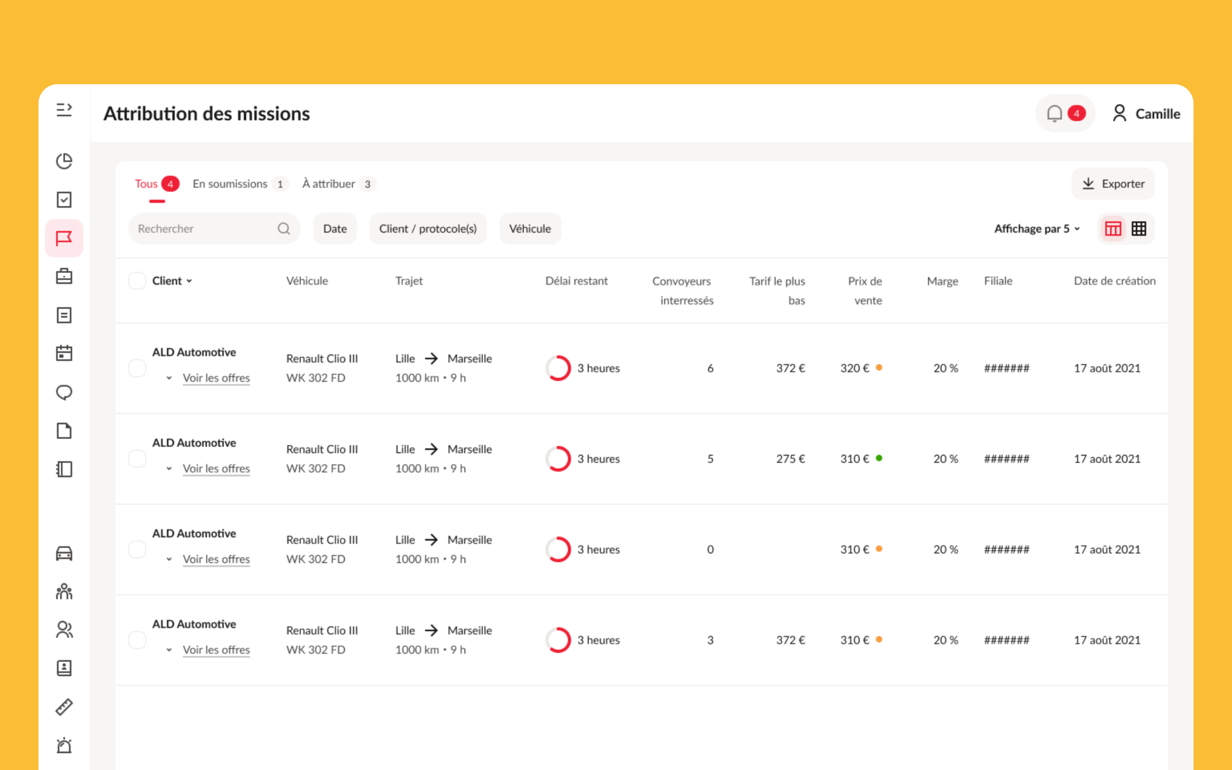 Application Web, Tableau de l'attribution des missions