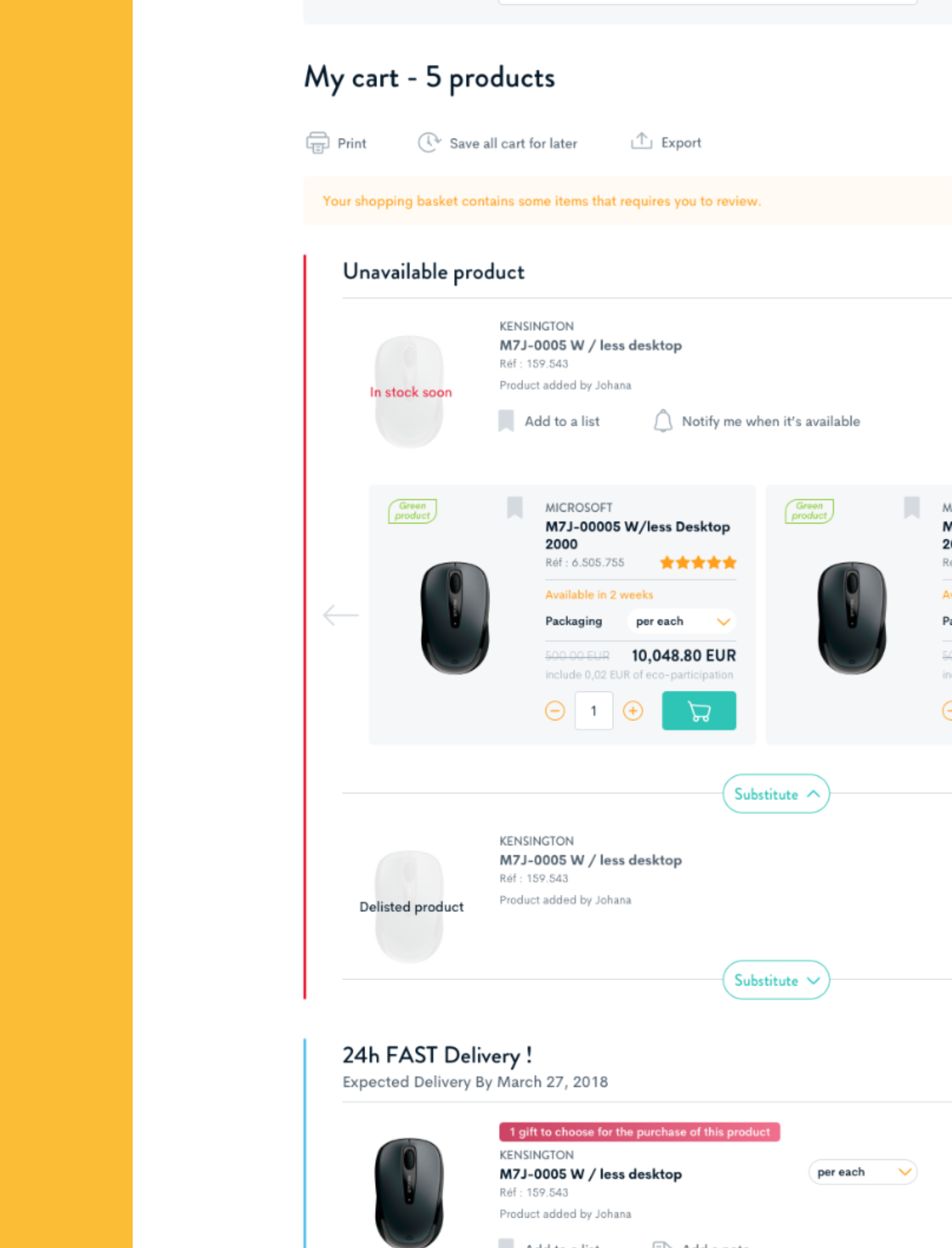 Panier, Exemple d'un produit non disponible avec possibilité de le remplacer