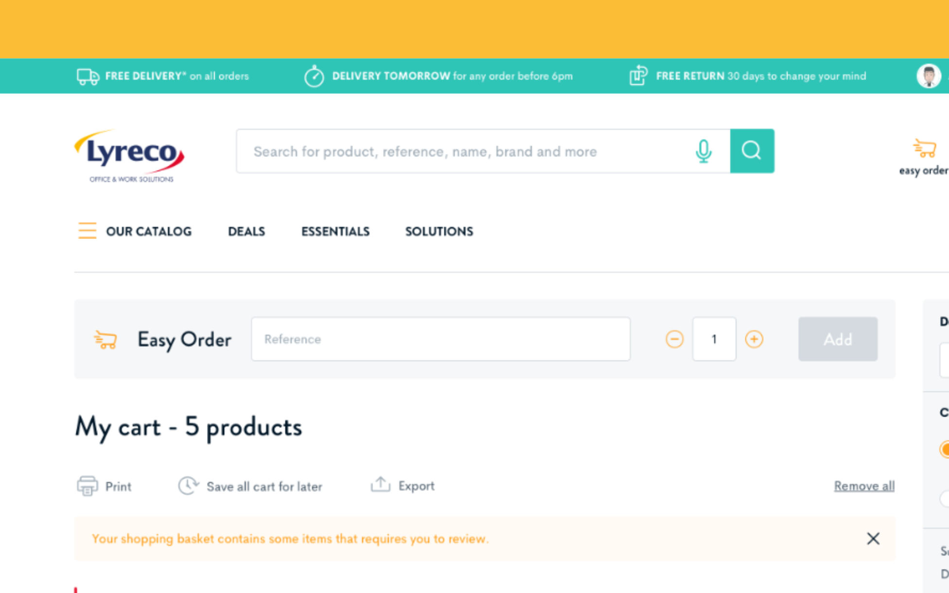 Panier, Encart "Easy Order" qui facilite la mise en panier